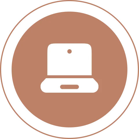 Laptop icon on a brown circular background.