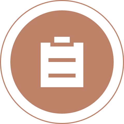 White clipboard icon on brown circular background.