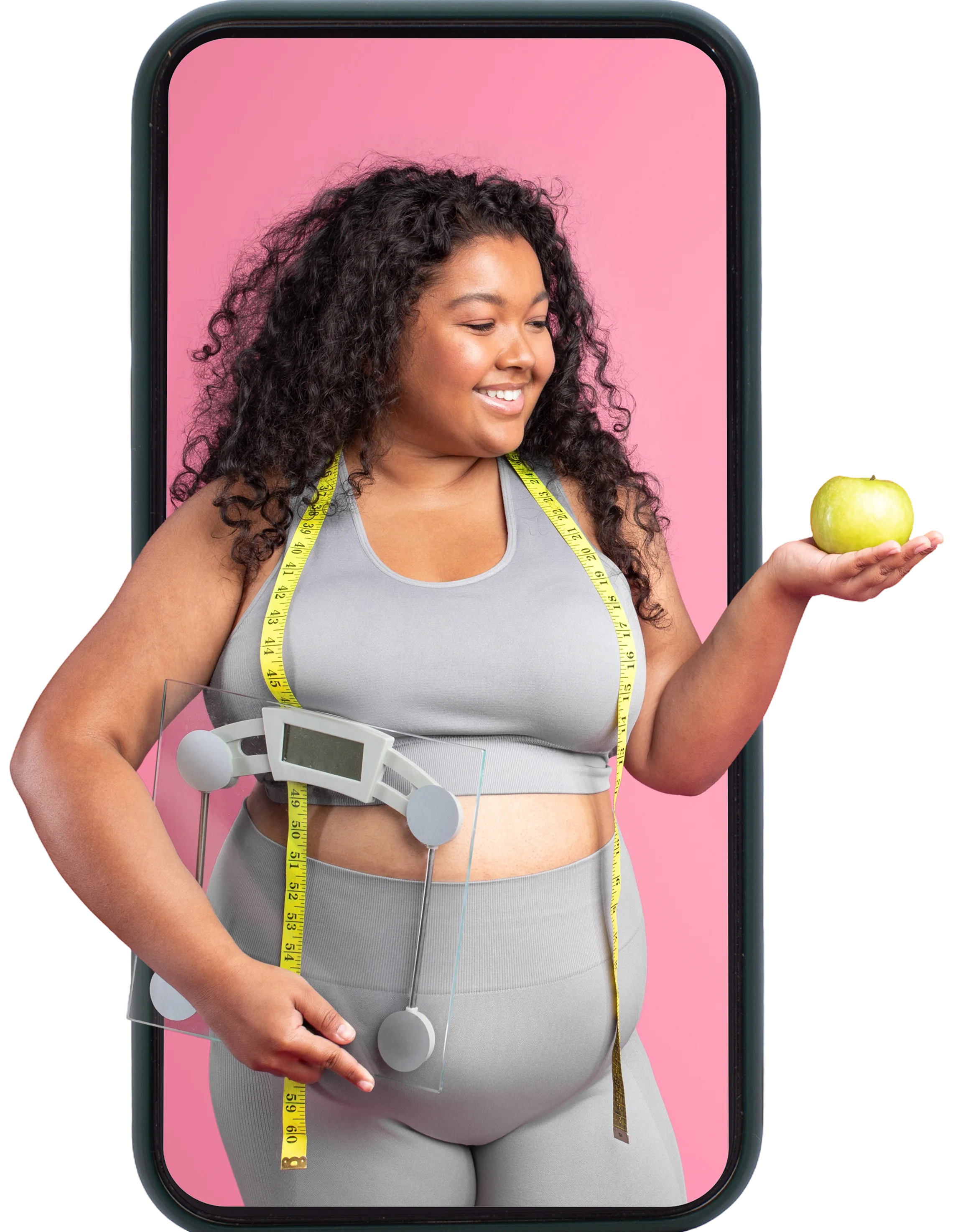 Woman with apple, measuring tape, and device.